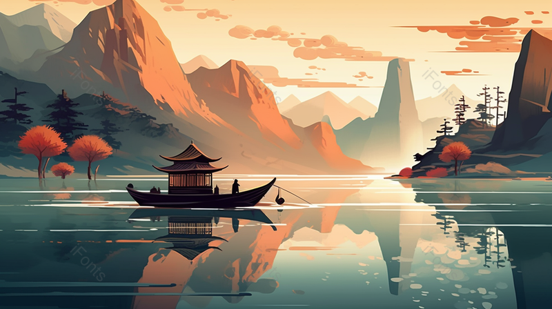 新中式夕阳下山峰树木水面上的小船彩色山水画,插画/手绘图,插画/手绘图库,插画/手绘图下载,插画/手绘